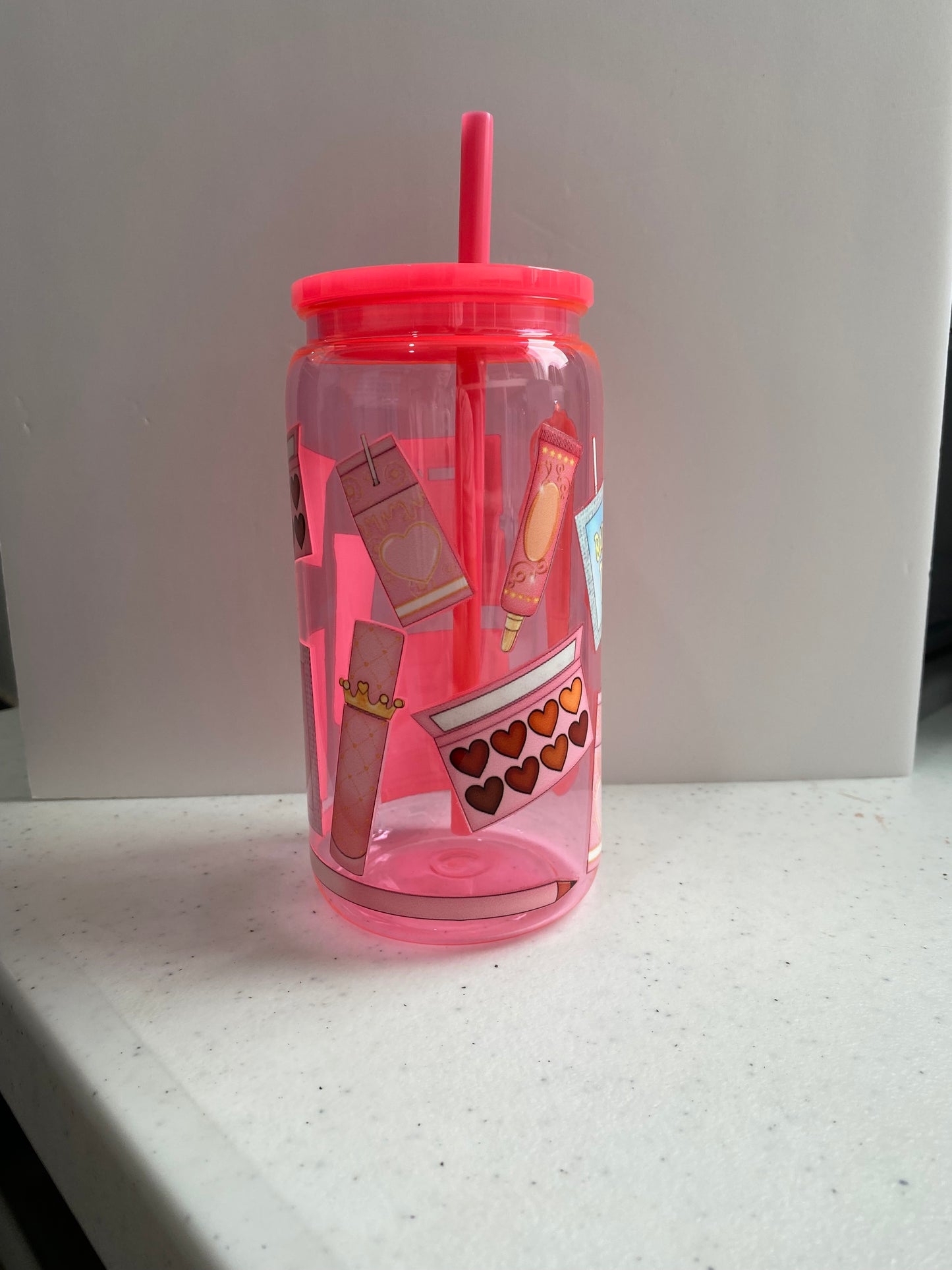 Pink 16oz plastic makeup cup