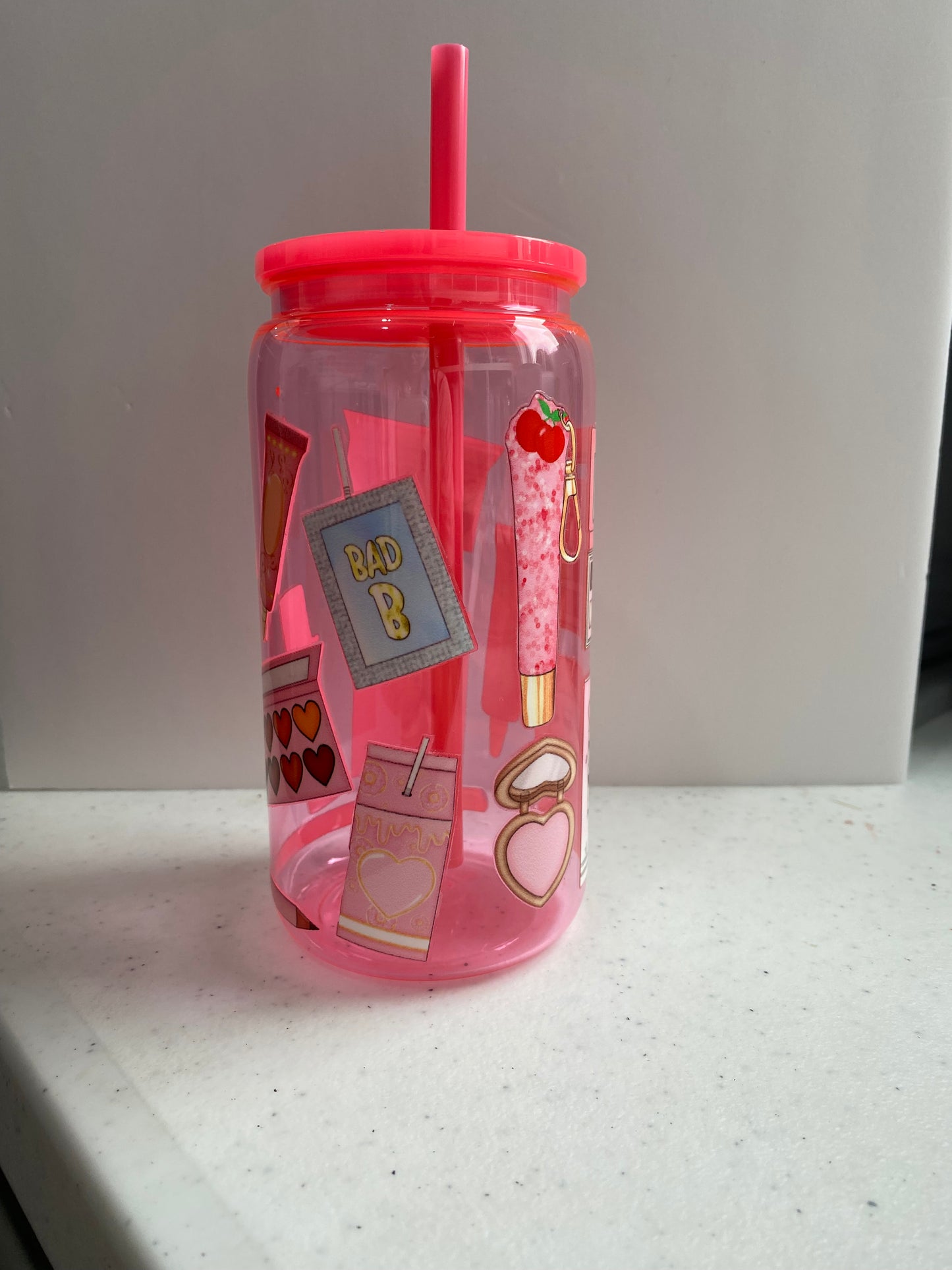 Pink 16oz plastic makeup cup