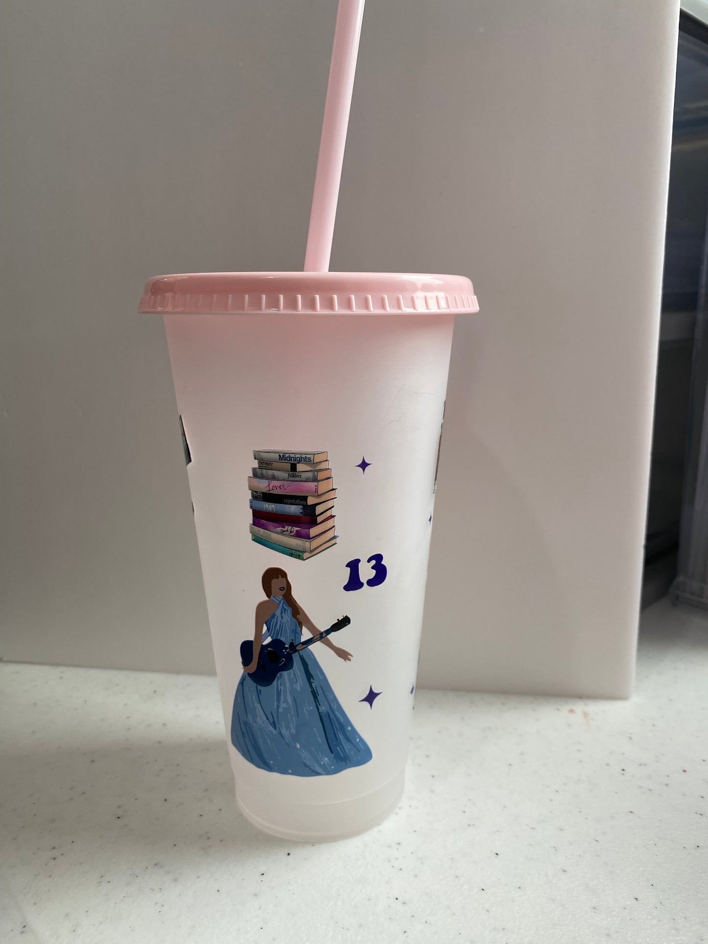 TS 16oz plastic cold cup with pink lid & straw