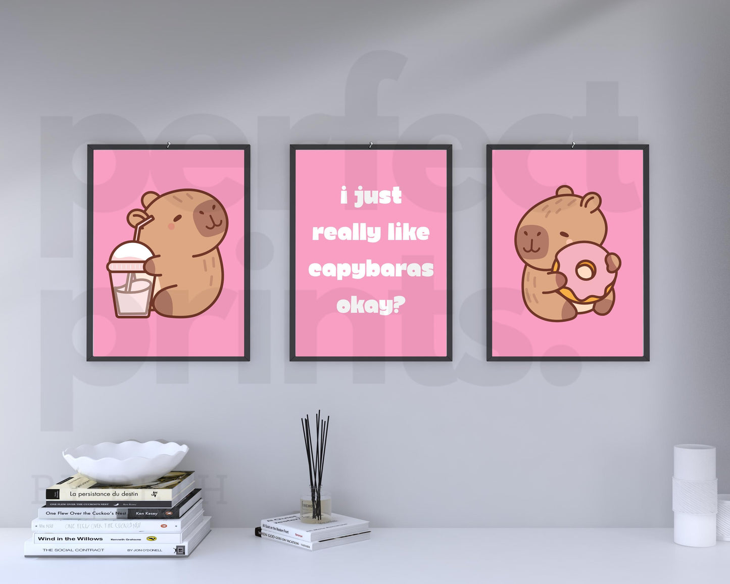 Set of 3 A4|A3 Pink Capybara Cute Bedroom Prints
