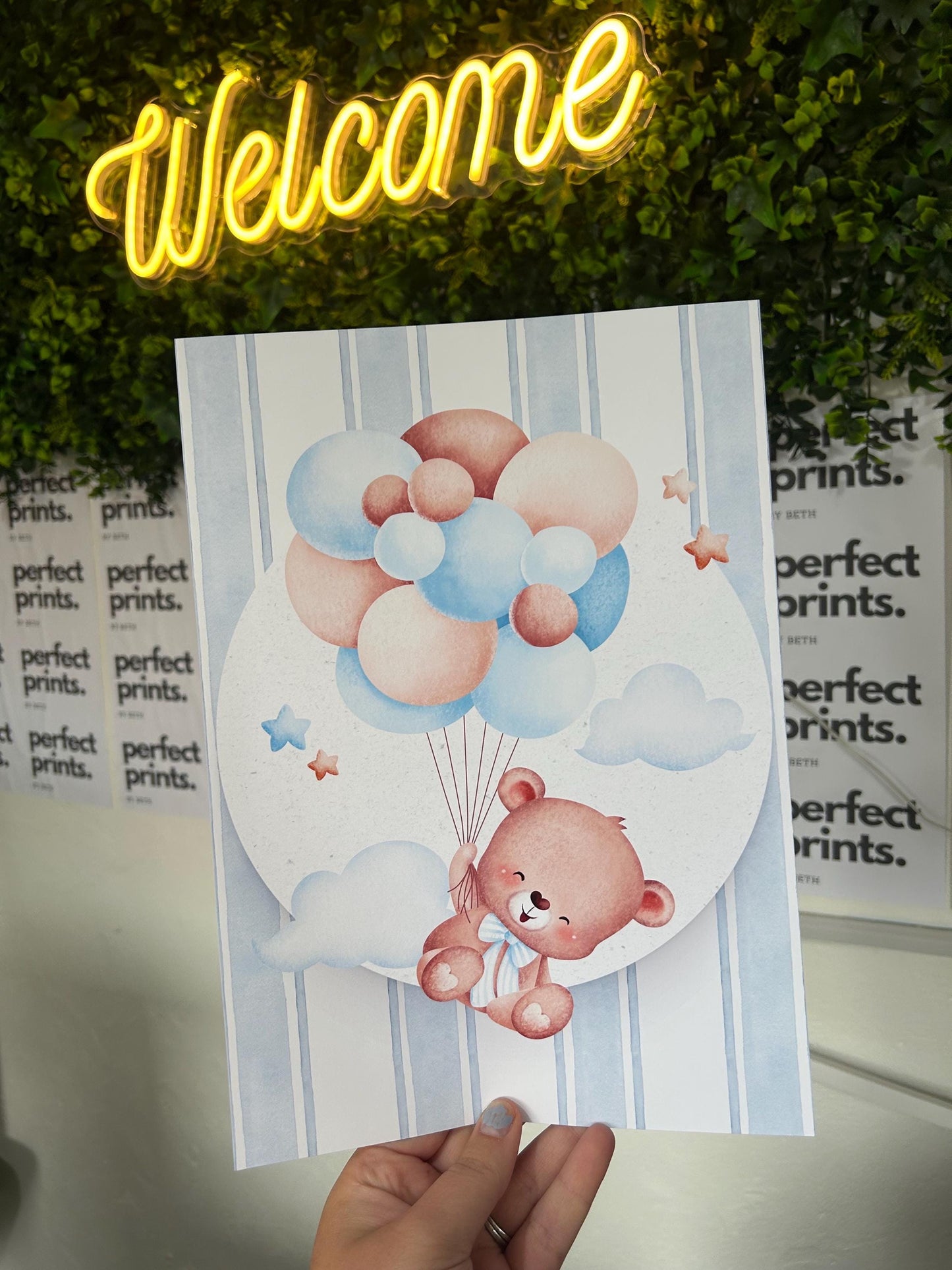Set Of 3 A4A3 Blue Teddy Bear Theme Nursery Bedroom Personalised Prints