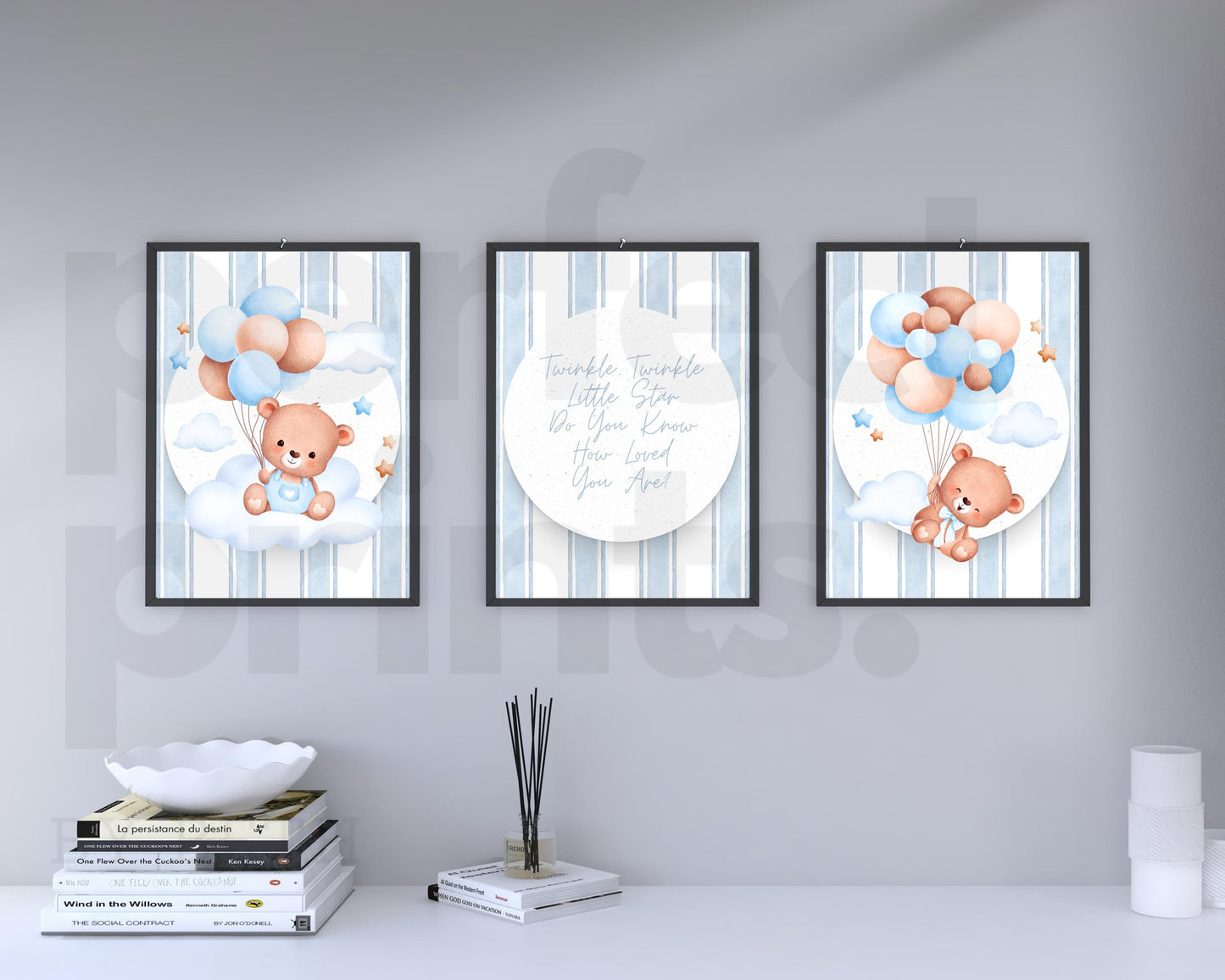 Set Of 3 A4A3 Blue Teddy Bear Theme Nursery Bedroom Personalised Prints