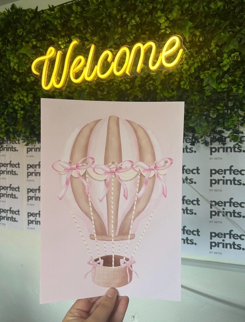 Set of 3 A4|A3 Baby Girls Hot Air Balloon Bow Theme Nursery Prints Personalised Name BGirl Pink Nursery Prints