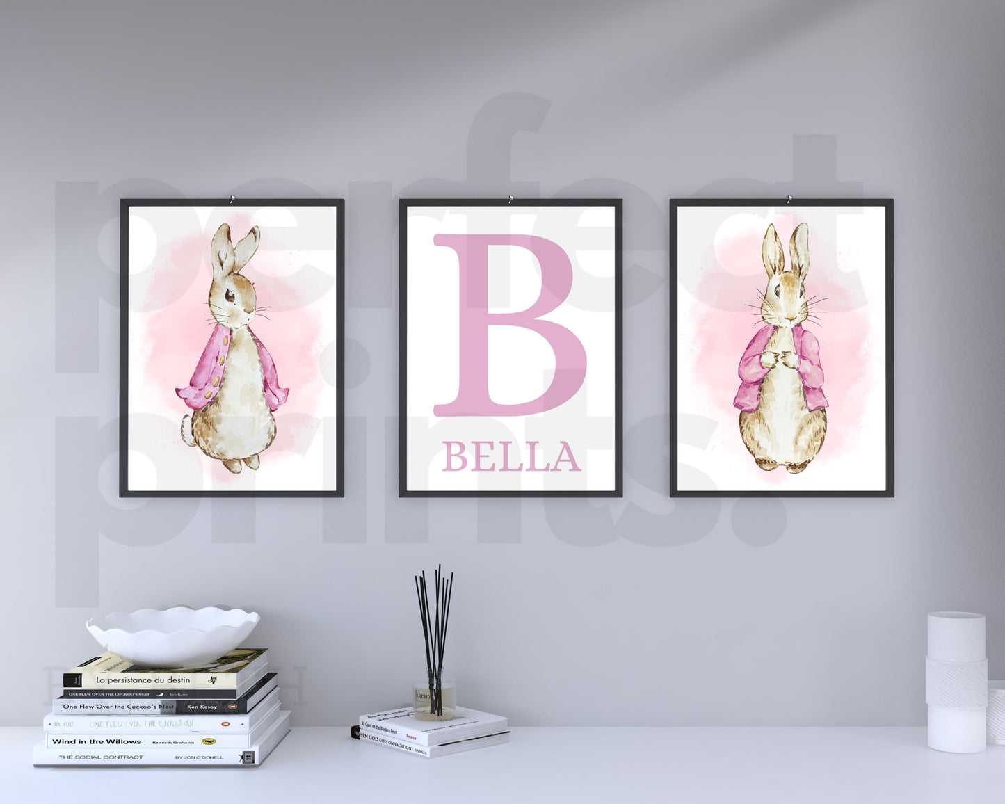 Set Of 3 A4|A3 Flopsy Rabbit Pink Peter Rabbit Girls Personalised Bedroom Prints