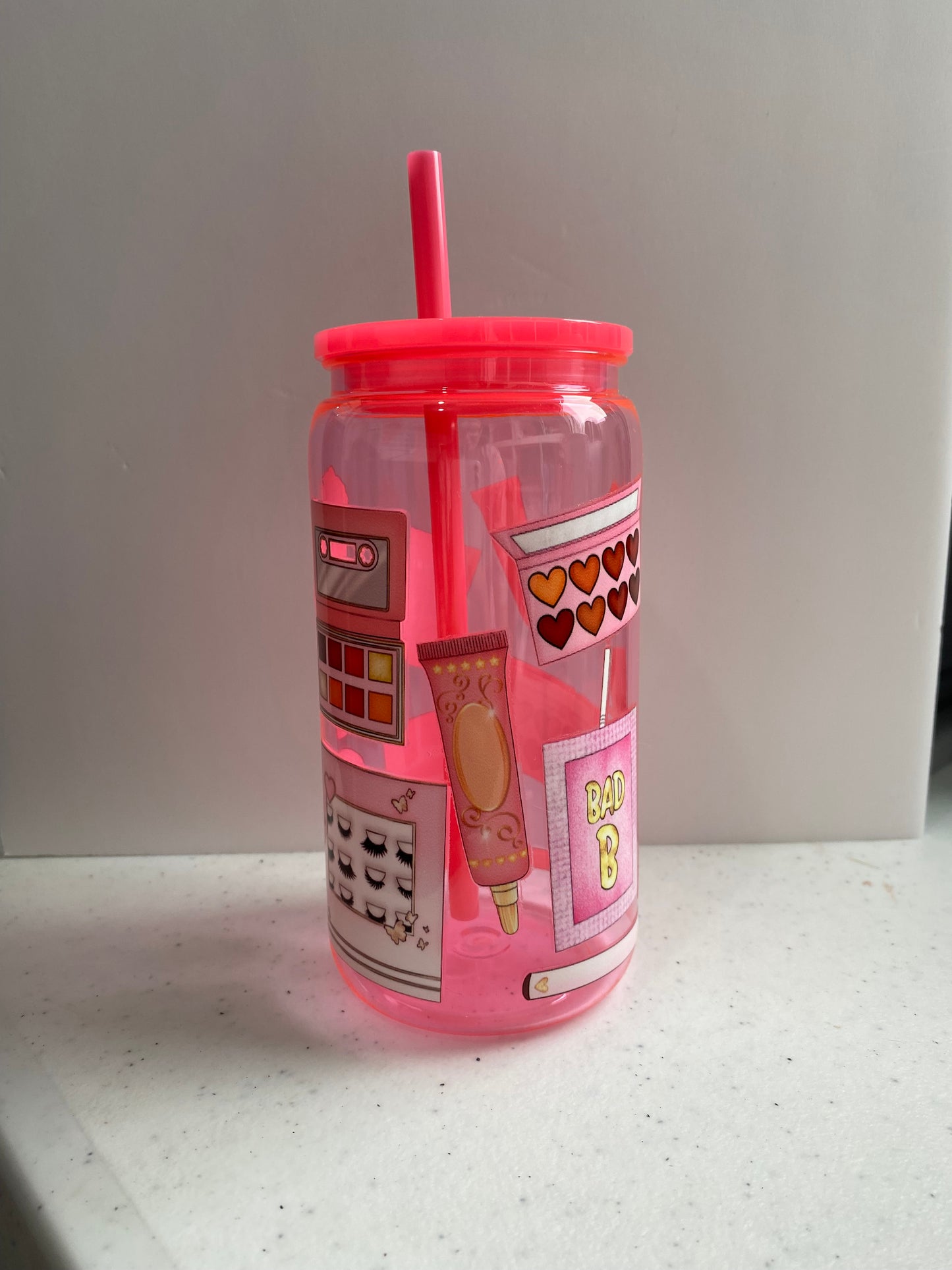 Pink 16oz plastic makeup cup