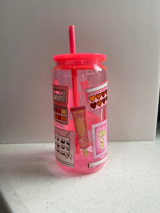 Pink 16oz plastic makeup cup