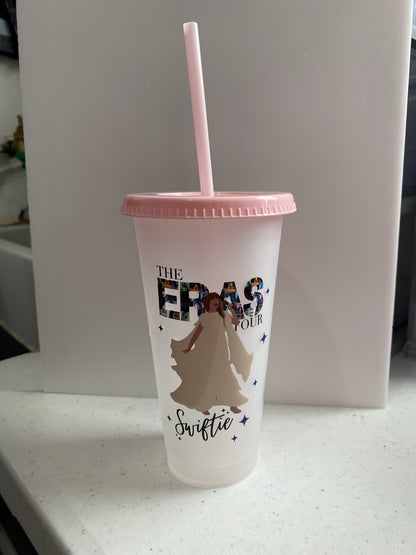 TS 16oz plastic cold cup with pink lid & straw