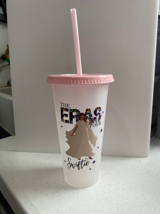 TS 16oz plastic cold cup with pink lid & straw