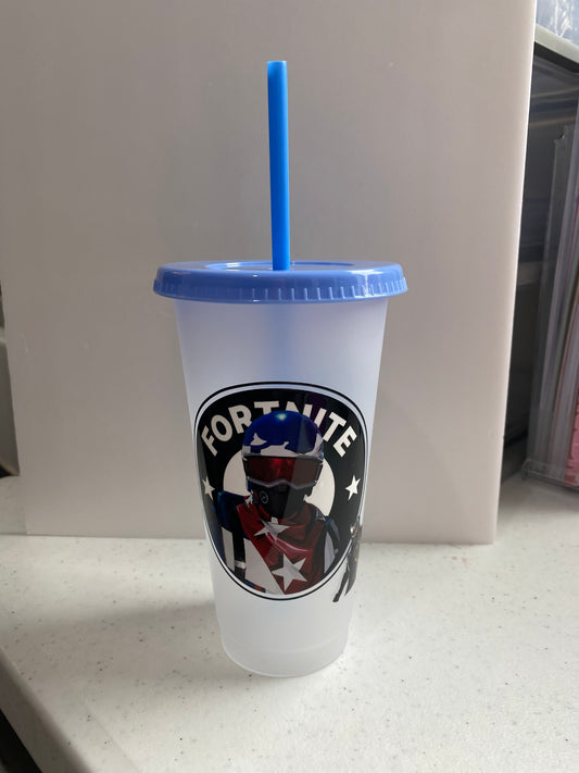 24oz Cold cup with blue lid & straw