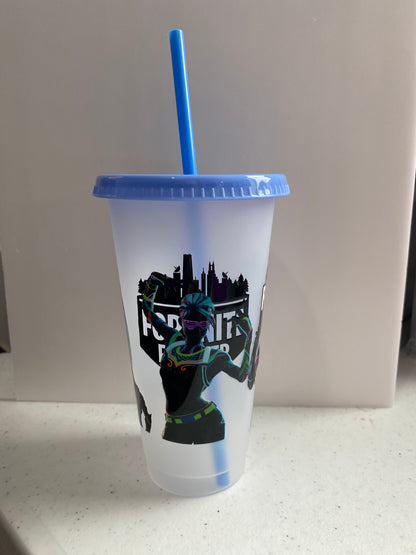24oz Cold cup with blue lid & straw