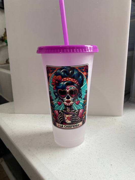 24oz plastic cold cup with purple lid & straw