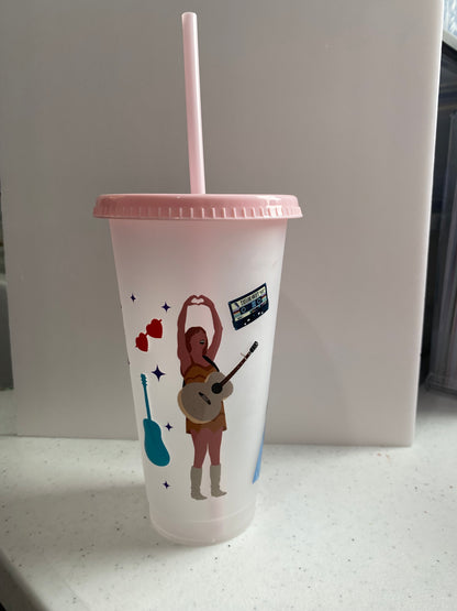 TS 16oz plastic cold cup with pink lid & straw