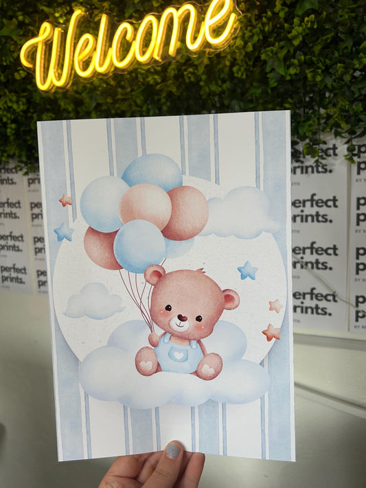 Set Of 3 A4A3 Blue Teddy Bear Theme Nursery Bedroom Personalised Prints