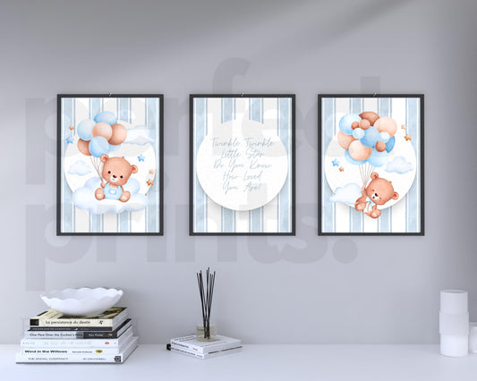Set Of 3 A4A3 Blue Teddy Bear Theme Nursery Bedroom Personalised Prints