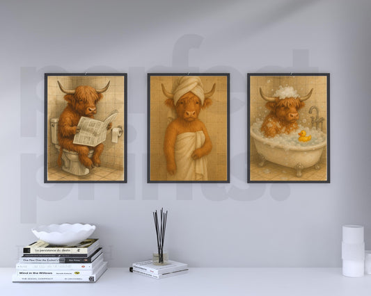 Set of 3 A4|A3 Highland Cow Funny Bathroom Prints
