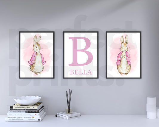 Set Of 3 A4|A3 Flopsy Rabbit Pink Peter Rabbit Girls Personalised Bedroom Prints