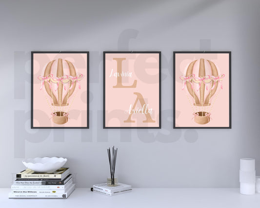Set of 3 A4|A3 Baby Girls Hot Air Balloon Bow Theme Nursery Prints Personalised Name BGirl Pink Nursery Prints