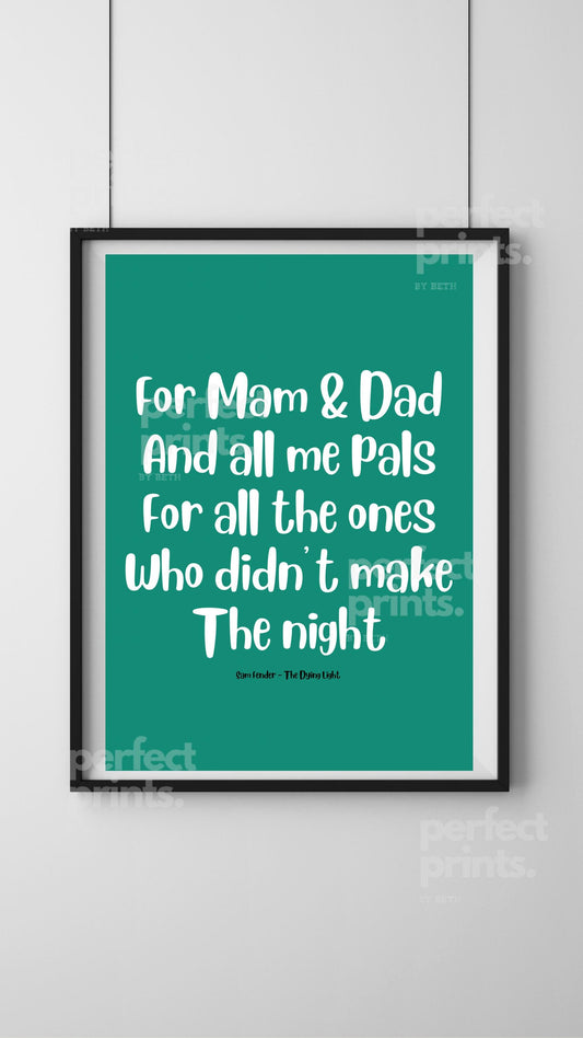 A4|A3 Sam Fender Dying Light Song Lyrics Print