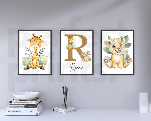 Set Of 3 A4|A3 Personalised Jungle Theme Nursery Prints